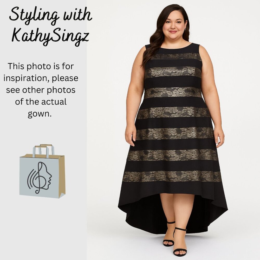 Adrianna Papell Black Silver Lace Mikado Striped Sleeveless Hi Lo Dress 22W Gown - Picture 10 of 11